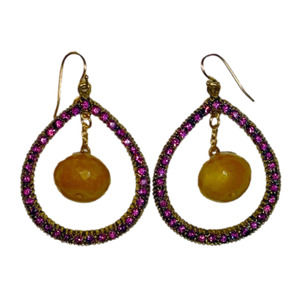 Anthropologie Yochi Purple Rhinestone Crystal Stone Teardrop Hoop Earrings